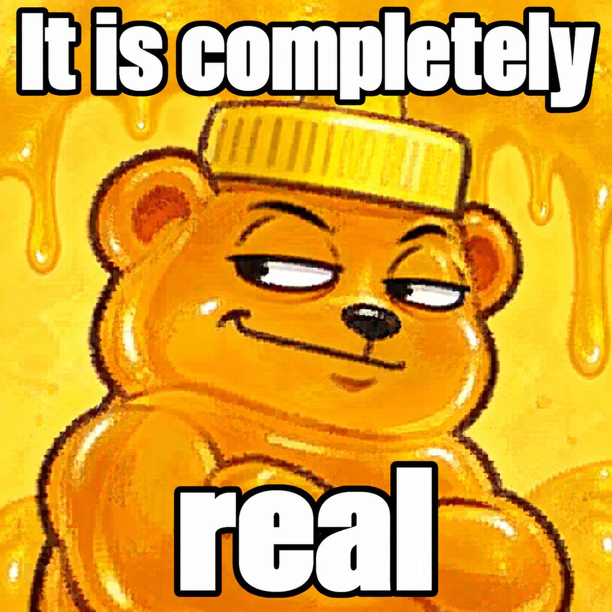 A smug honey bear saying: It is completely real
